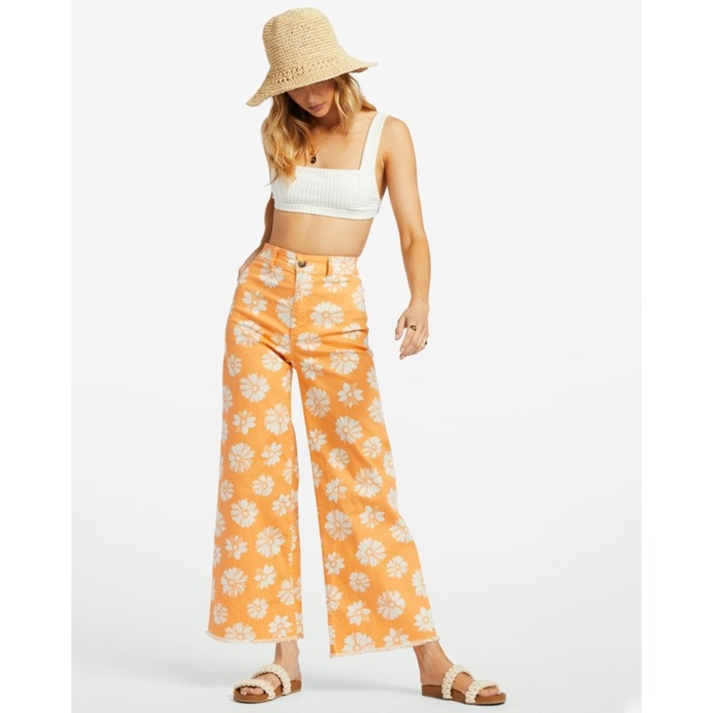 Billabong Free Fall Womens Orange Floral Print Wide‎ Leg Jeans High Rise Size 24